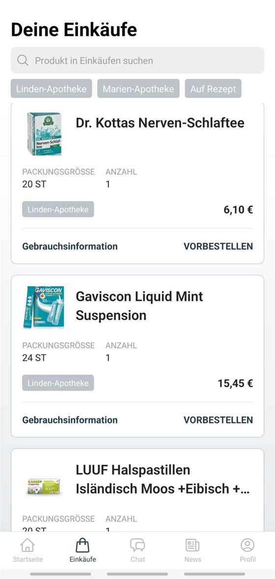Einkaufsliste in der LiMa-App mit Gebrauchsinformation und Vorbestellen